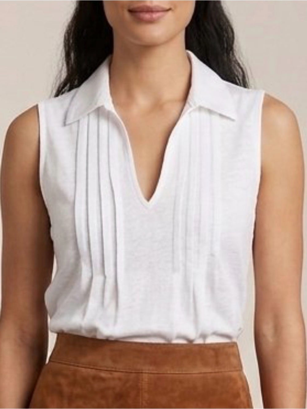 LOFT Crisp White Sleeveless Collared V-Neck Pintuck Top in Women’s Size XS